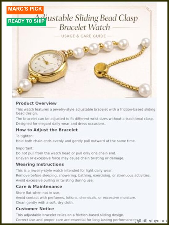 Petite 22mm Quartz Analog Wrist Watch with Adjustable Slider Clasp and Pearl